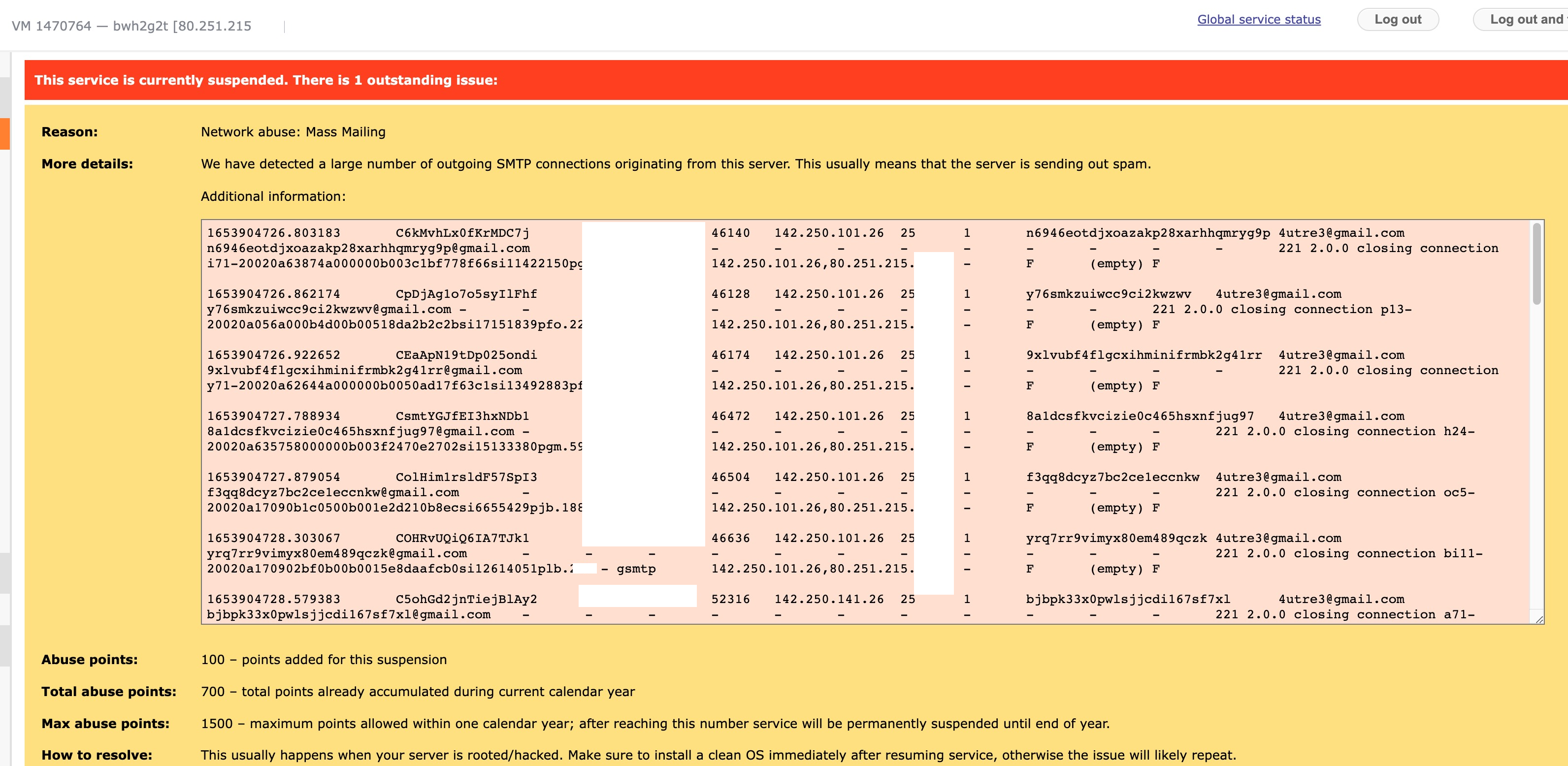 我的搬瓦工最近老碰上&quot;Network Abuse - Mass Mailing&quot;，即使重装...