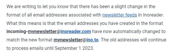 Inoreader Newsletter订阅地址更改
